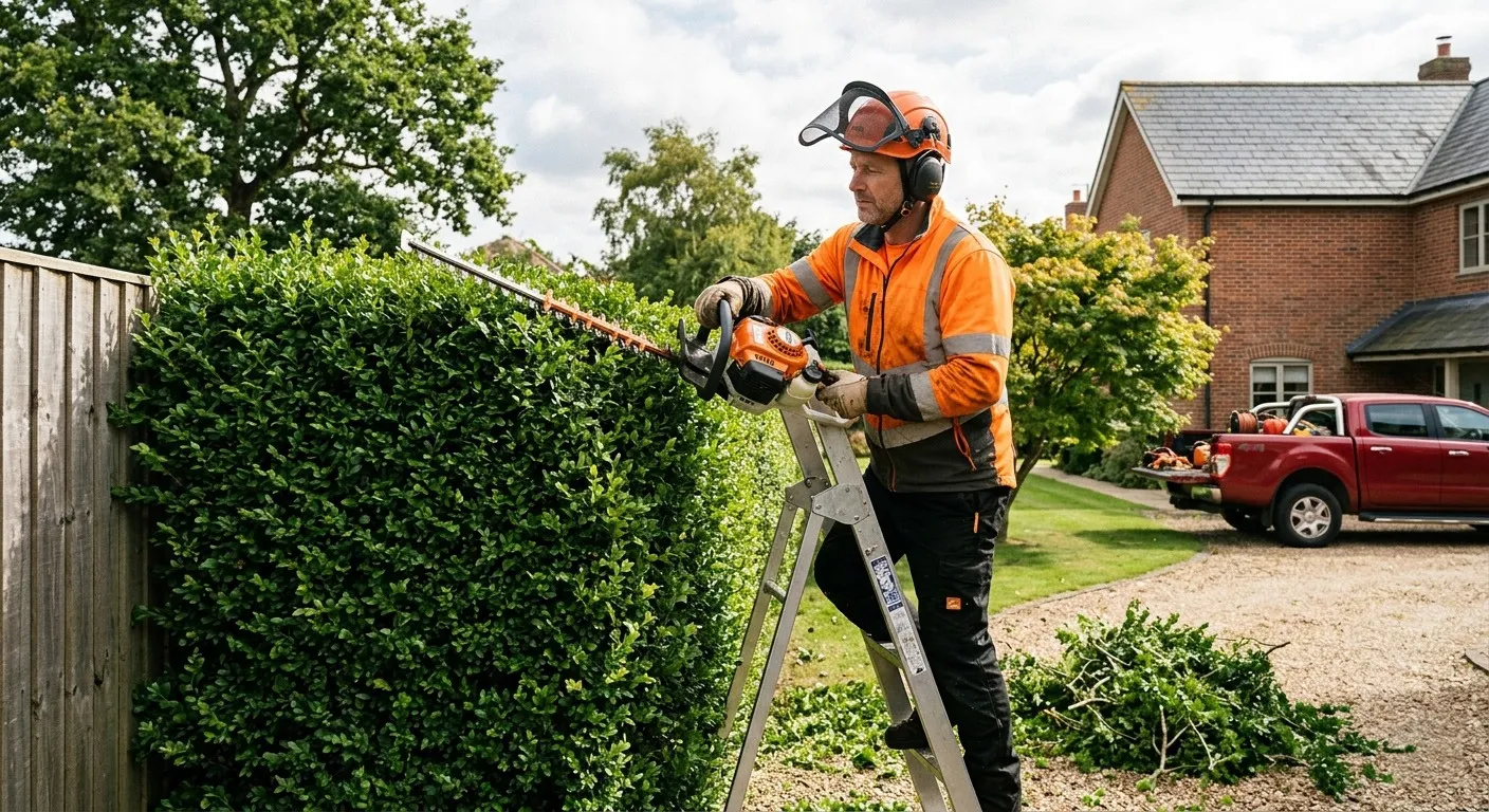 A professional gardener trims a hedge with a power tool, showcasing Garwood Tree Services's expertise in Hedge Trimming in Epping.