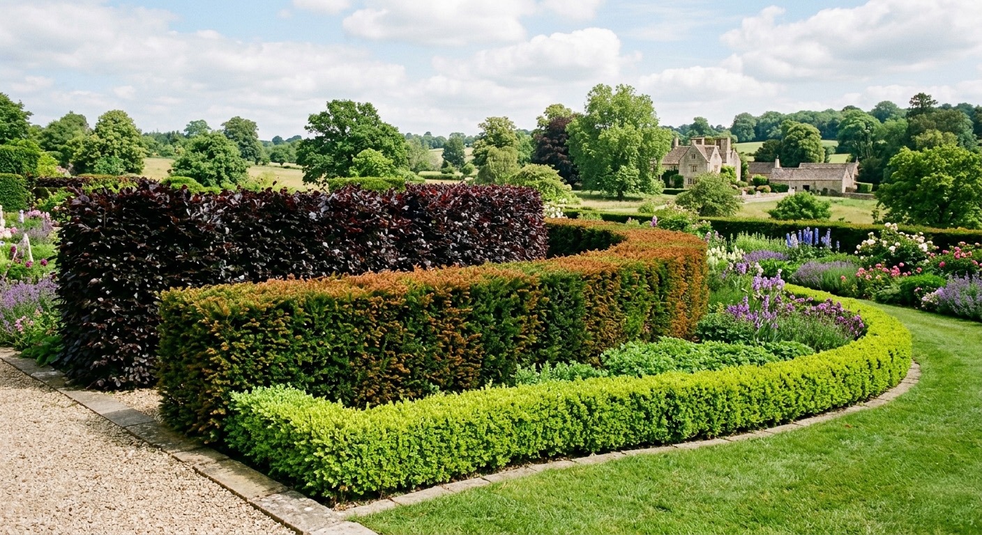 Neatly trimmed hedges in a landscaped garden, showcasing professional {{search_term}} services by {{company_name}} in {{place}}.