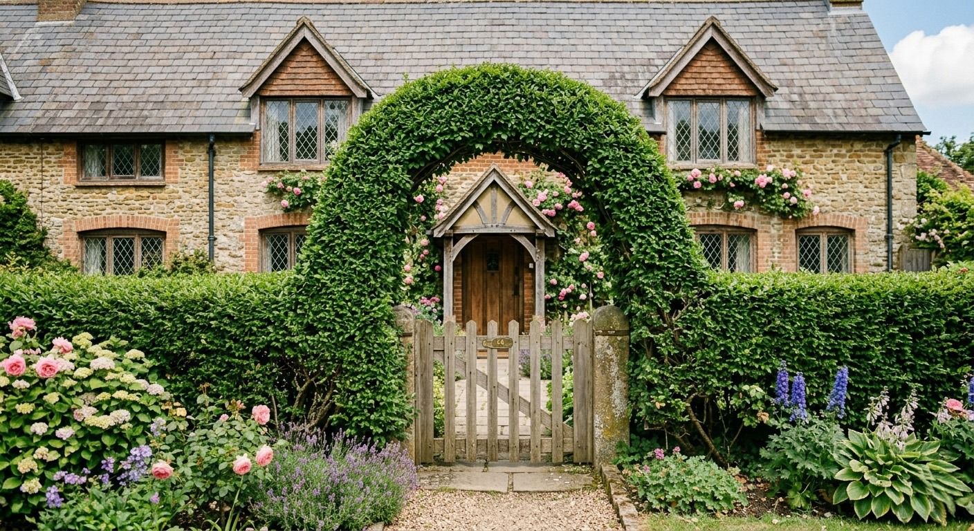 Charming cottage with a neatly trimmed hedge archway, showcasing expert {{search_term}} by {{company_name}} in {{place}}.