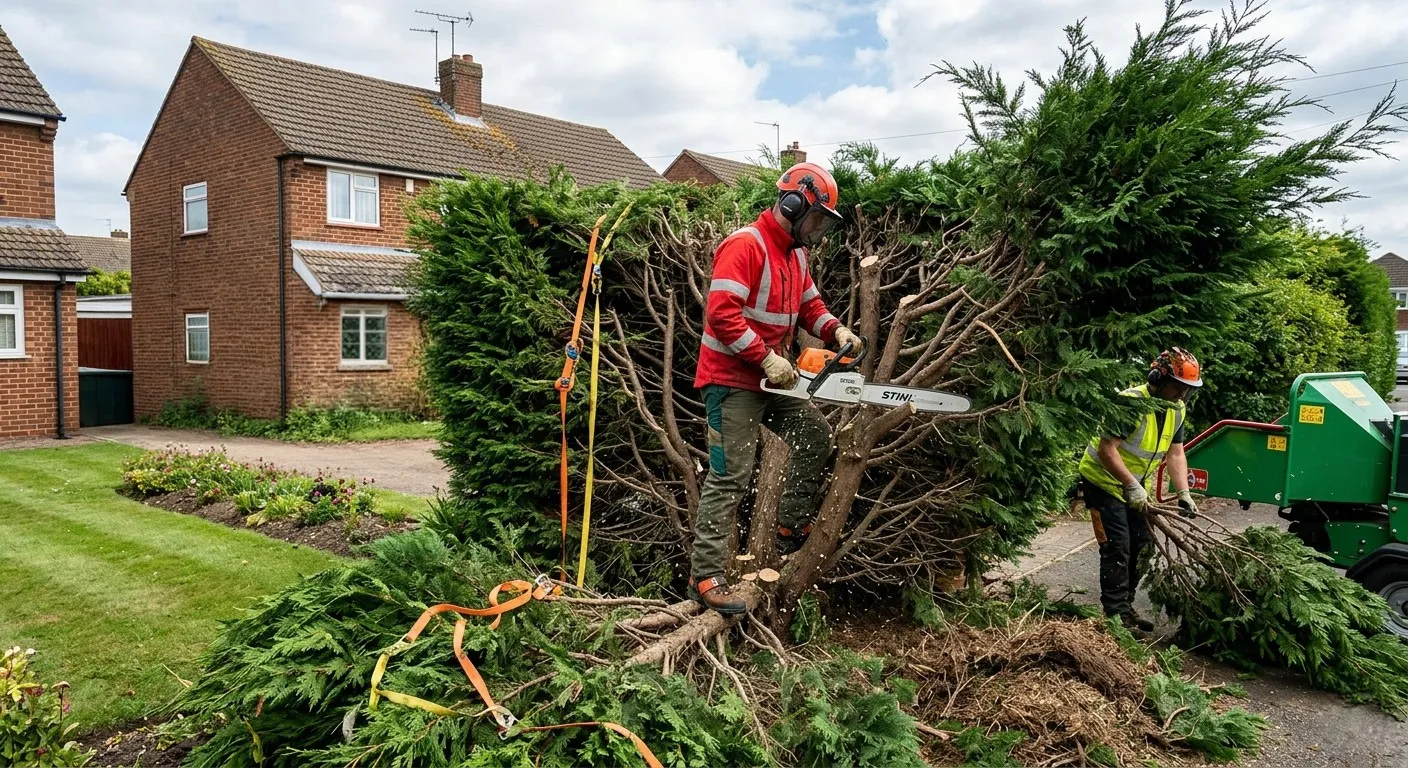 Two workers trimming a large hedge with a chainsaw and chipper in a residential area, showcasing Garwood Tree Services's Hedge Trimming services in Hoddesdon.