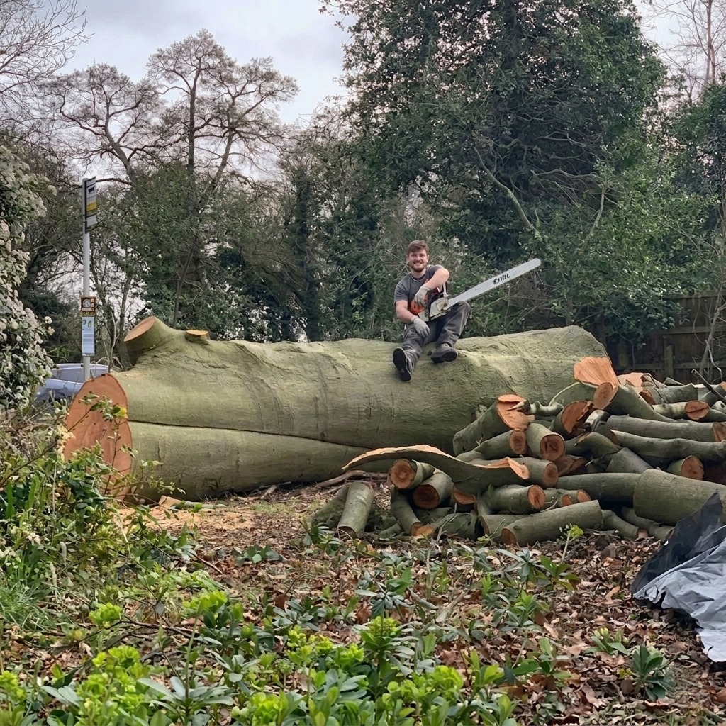 Tree surgeon sitting on a large felled tree with a chainsaw, showcasing {{company_name}}'s {{search_term}} expertise in {{place}}.