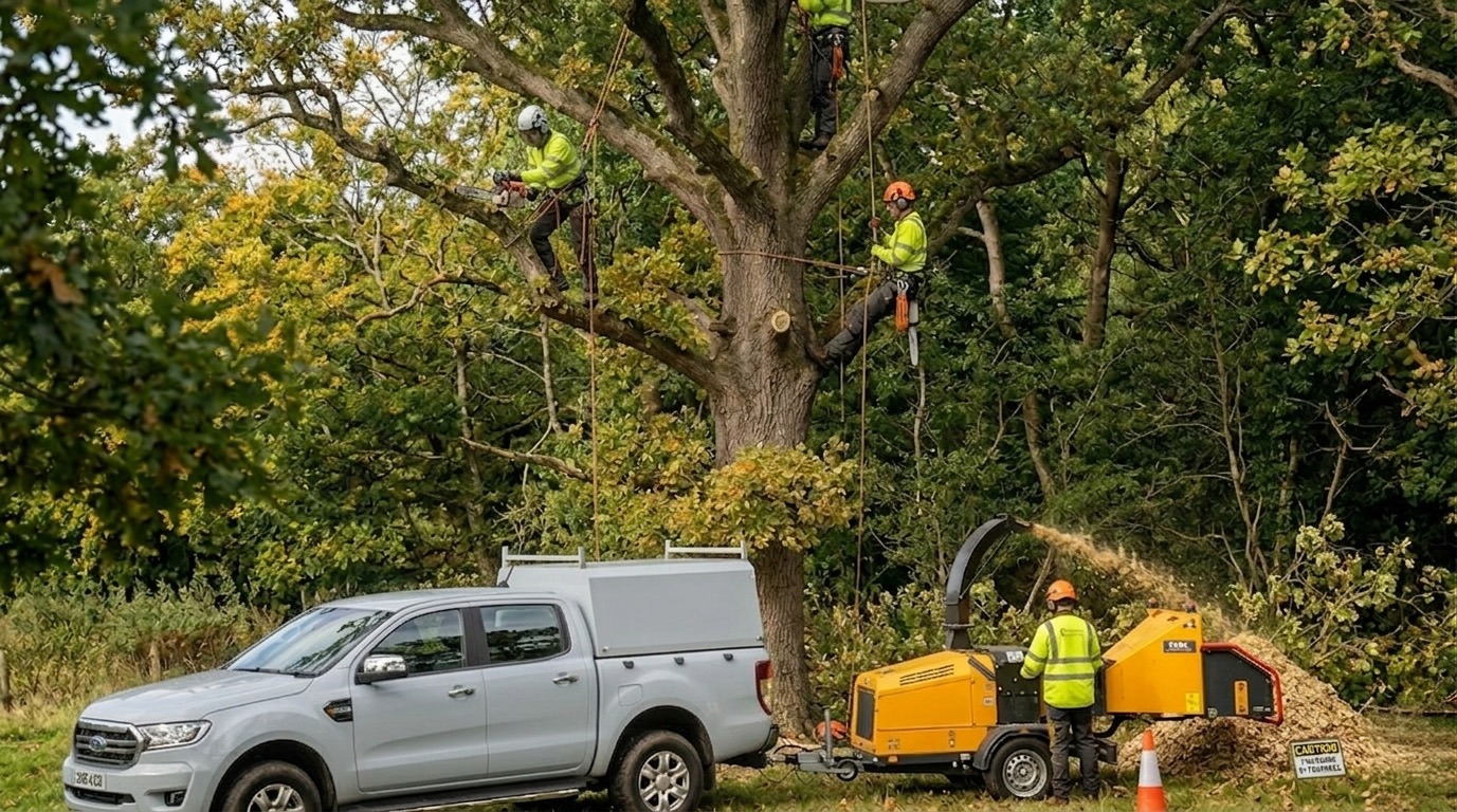 Tree surgeons from {{company_name}} performing {{search_term}} with safety gear and equipment in a wooded area.