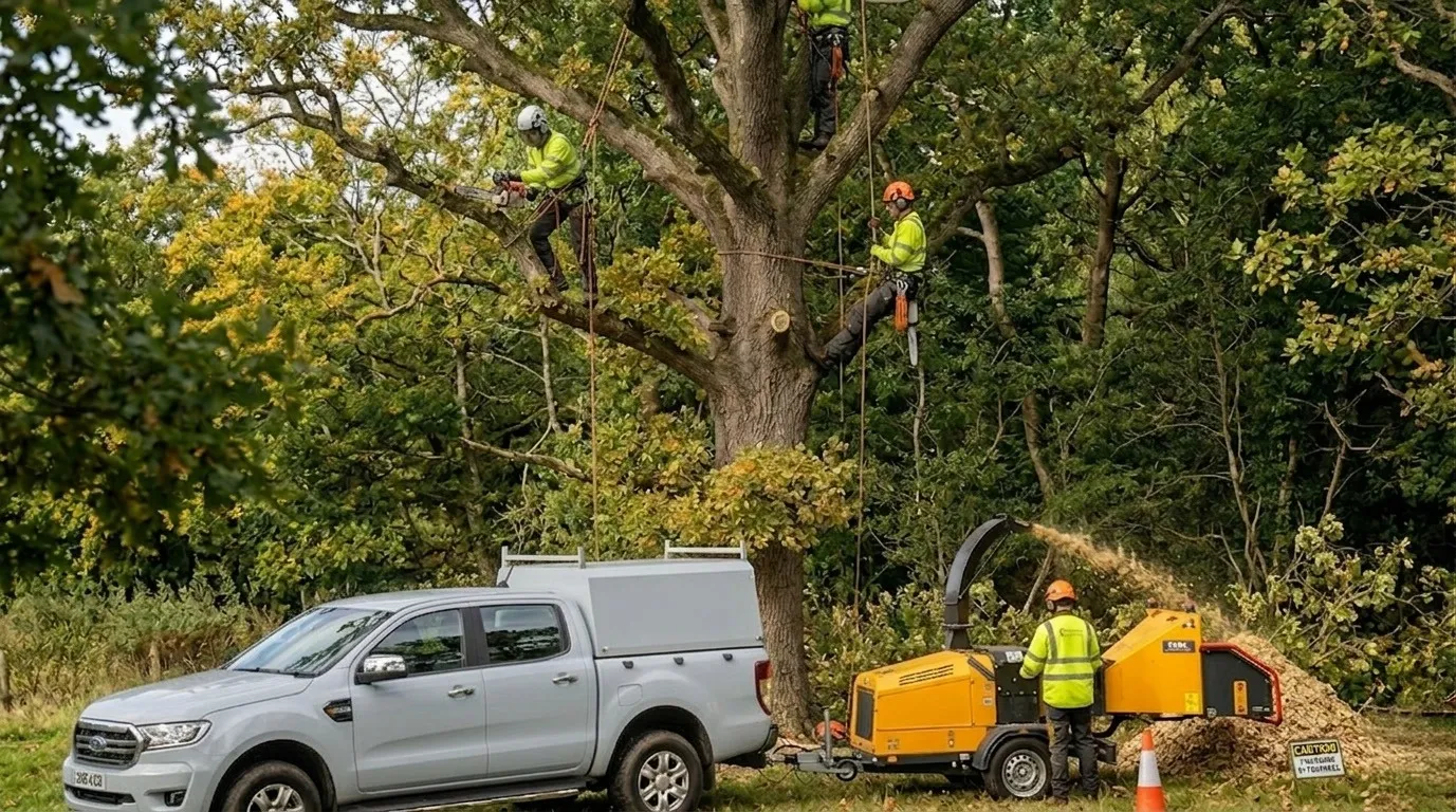 Tree surgeons from Garwood Tree Services performing Tree Removal with safety gear and equipment in a wooded area.