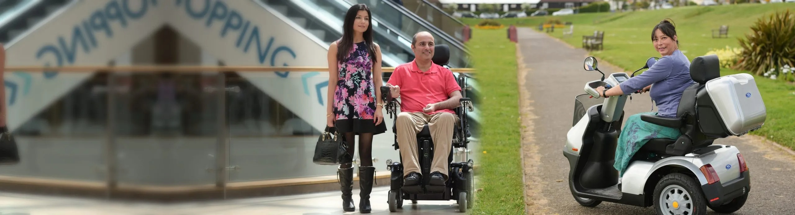 Two people using mobility scooters, one indoors and one outdoors, showcasing products from {{company_name}} in {{place}}.