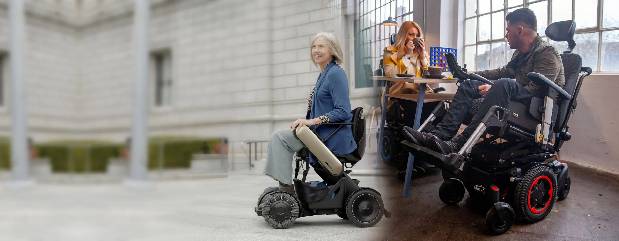 Two people using mobility scooters, showcasing different models available at {{company_name}} in {{place}}.