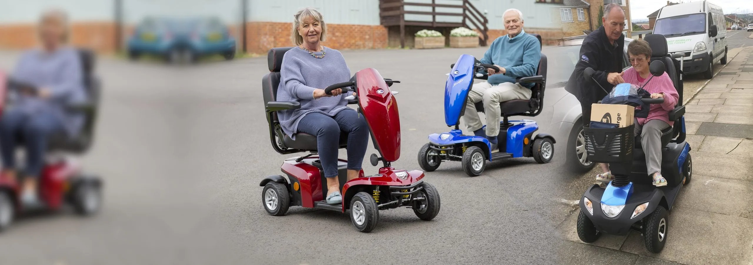People using mobility scooters on a street, highlighting products available at {{company_name}} in {{place}}.