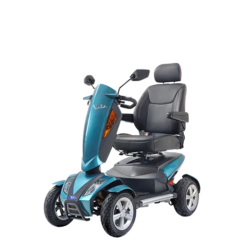 Blue mobility scooter with comfortable seat and handlebars, available at 1st Step Mobility Ltd. in Rainham. Explore our range of Mobility Aids &amp; Vehicles.