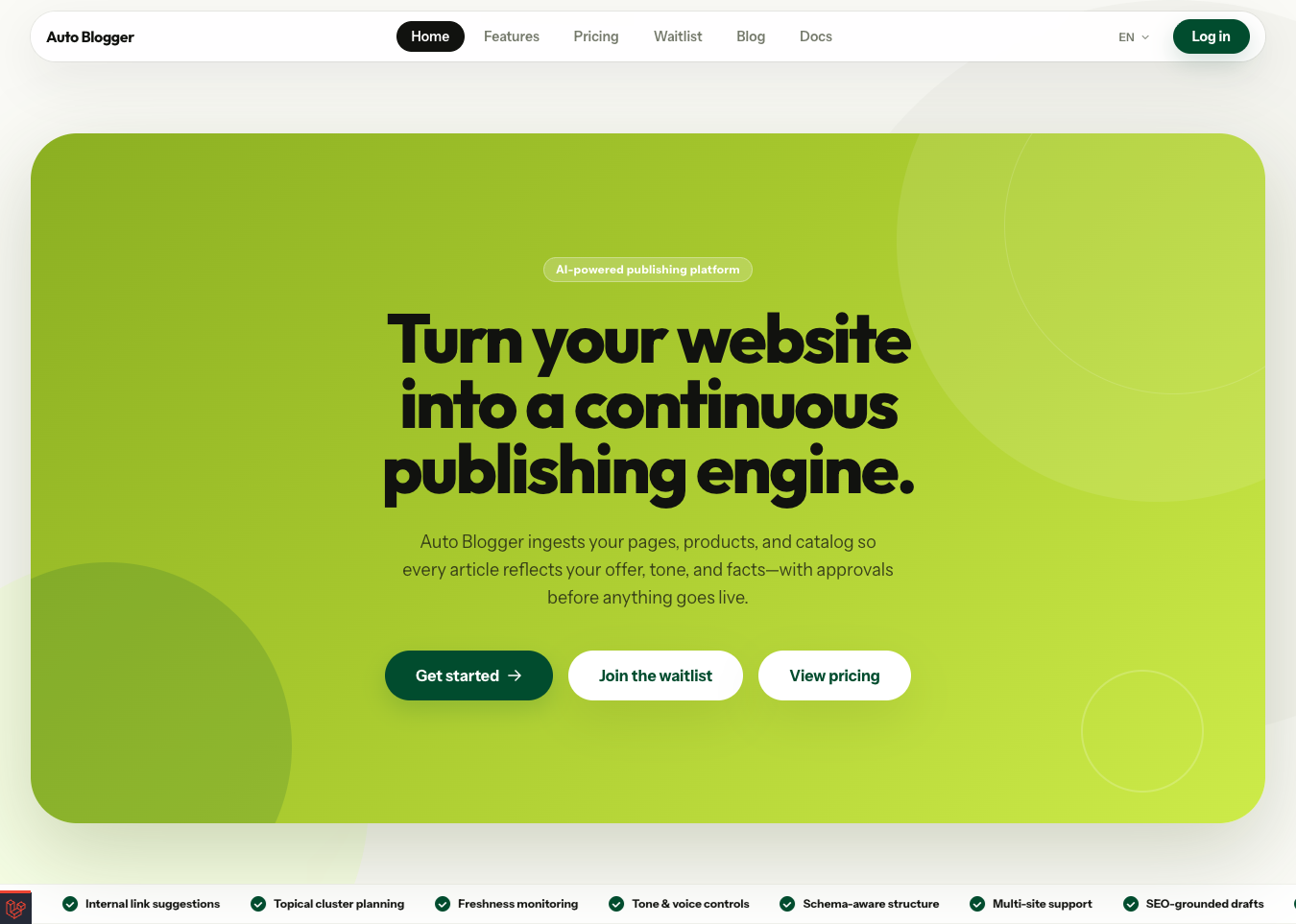 Green website banner for {{company_name}} promoting a continuous publishing engine, with buttons for getting started, joining the waitlist, and viewing pricing.