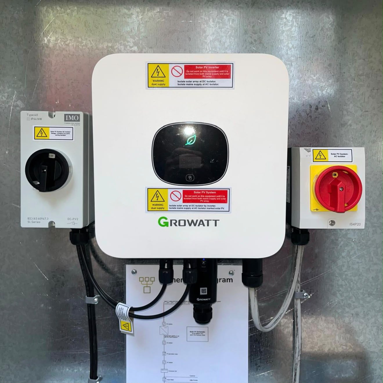 Close-up of a Growatt solar inverter and electrical components, showcasing advanced solar technology by {{company_name}} in {{place}}.