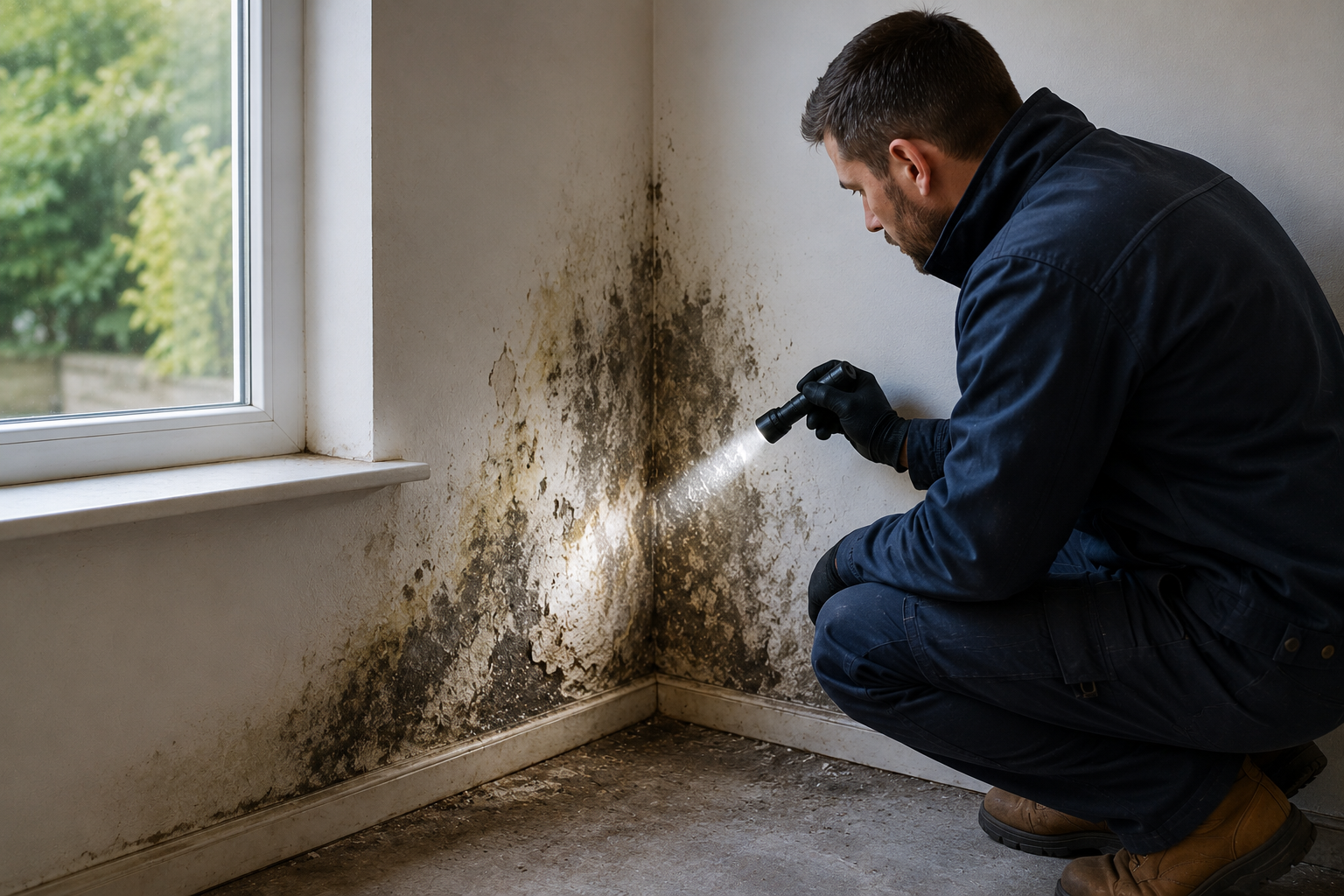 A technician inspects mould on a damp wall with a torch, highlighting moisture issues. {{company_name}} offers {{search_term}} in {{place}}.