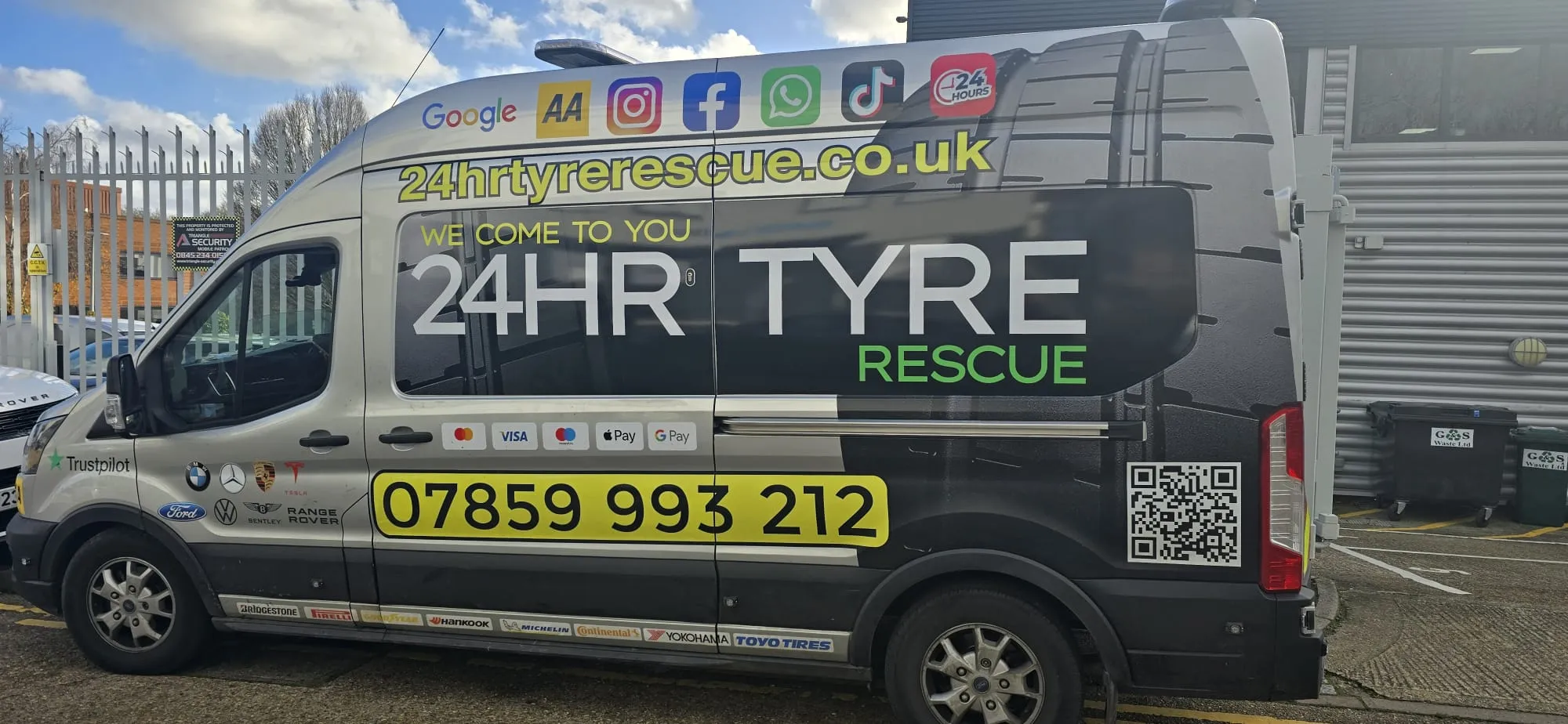 Mobile tyre fitting van with "24HR TYRE RESCUE" branding and contact number, representing Emergency Tyres Harlow in Stewards.