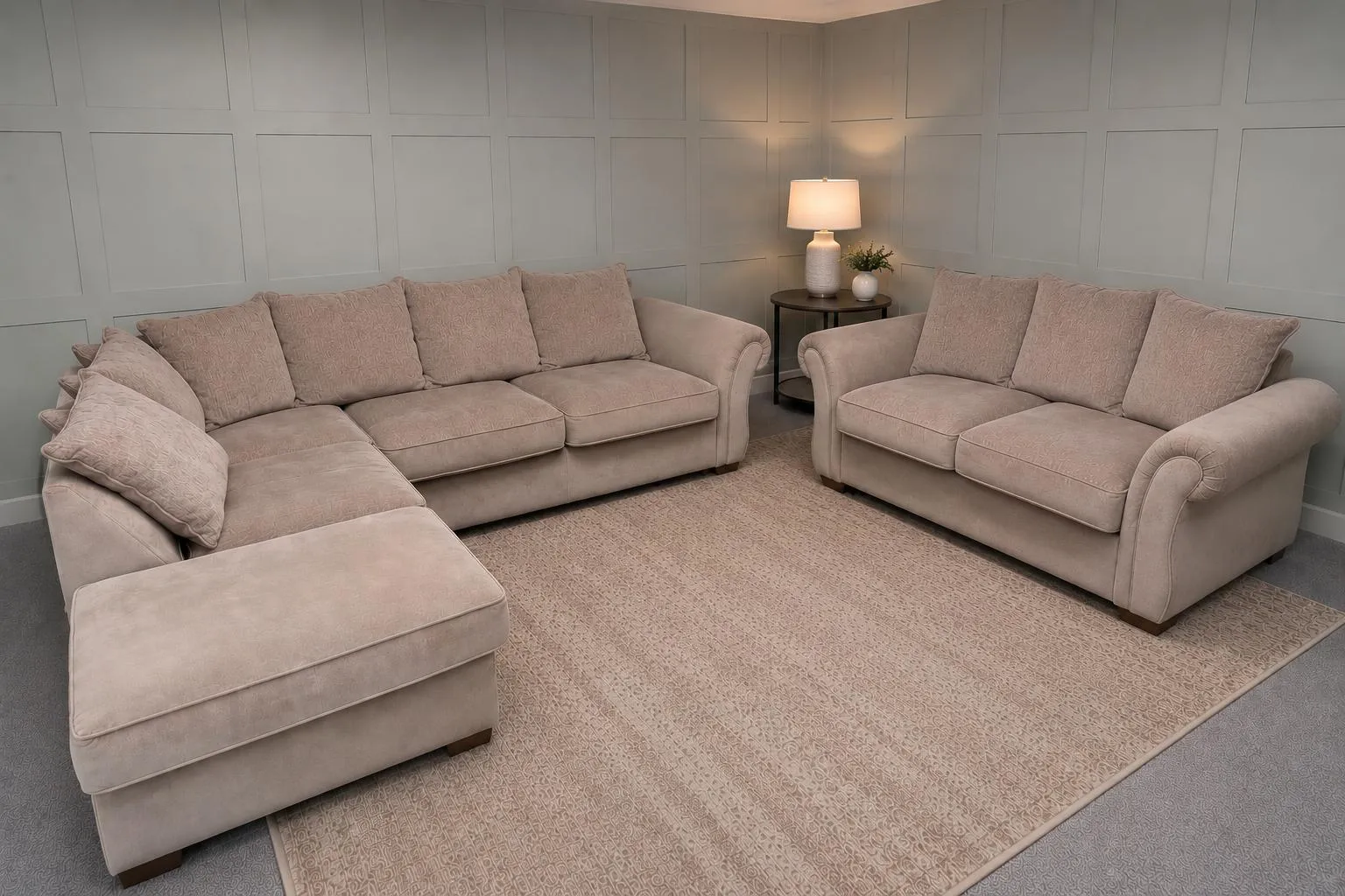 Beige corner sofa and matching 2 seater sofa in a showroom, for Restored Living 2 Seater Sofas For Sale in Bishop's Stortford