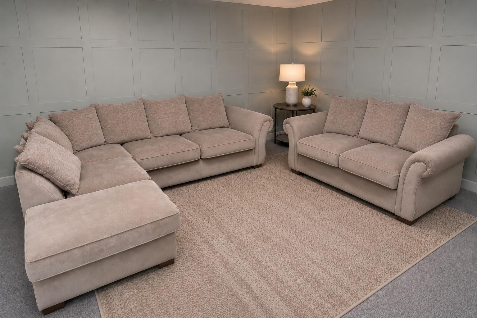 Beige corner sofa and matching 2 seater sofa in a showroom, for Restored Living Corner Sofas For Sale in Clacton-on-Sea